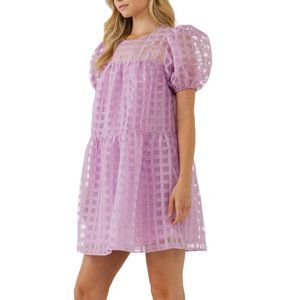 English Factory Lilac Gridded Puff Sleeve Dress - M